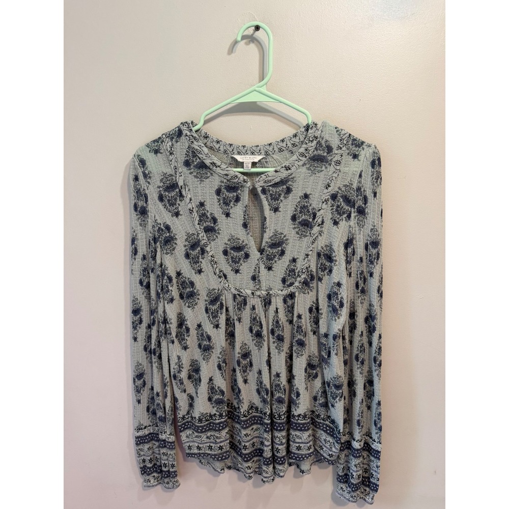 Lucky Brand Blue Floral Waffle Knit Thermal Keyhole Top Womens Medium Boho 578